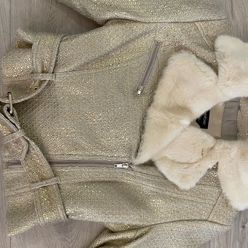 Bebe Gold Cream Bomber Jacket with Plush Lining